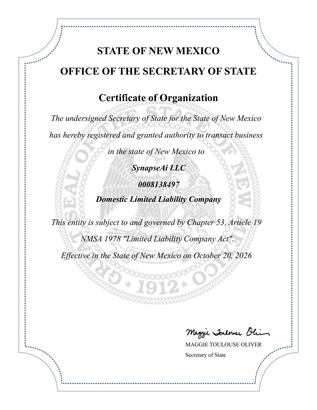 New Mexico Certificate of Organization for SynapseAi LLC